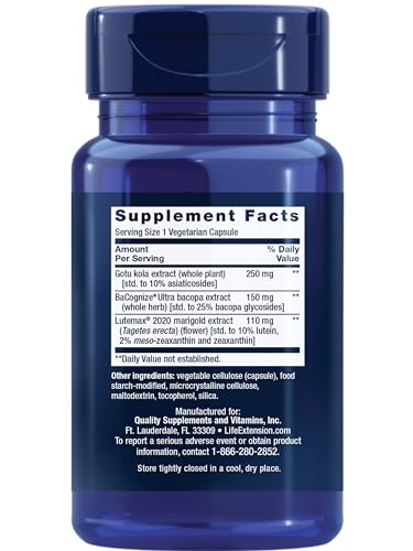 Life Extension Quick Brain Nootropic, Fast Thinking, Learning, Concentration, Lutein, zeaxanthin, gotu kola, bacopa, Gluten Free, Non-GMO, Vegetarian, 1 Daily, 30 Capsules, (Pack of 2) Life Extension buy supplements Au
