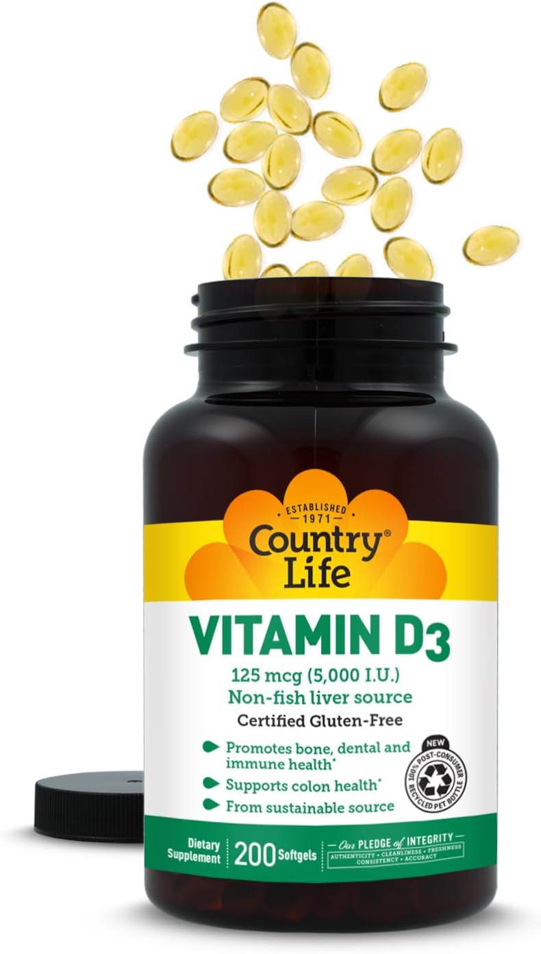 Country Life Vitamin D3 125 mcg 5000 IU, Gluten-Free, 200 Softgels