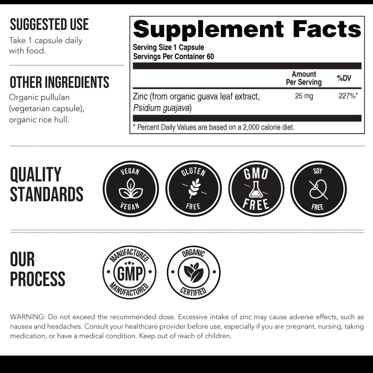 Organic Zinc 25 mg | Whole Food zinc Supplements | Derived from Organic Fruit, Elemental Zinc - Water Extracted, Vegan, GMO-Free - Essential Mineral, Antioxidant, Immune Support, Skin - 60 Servings