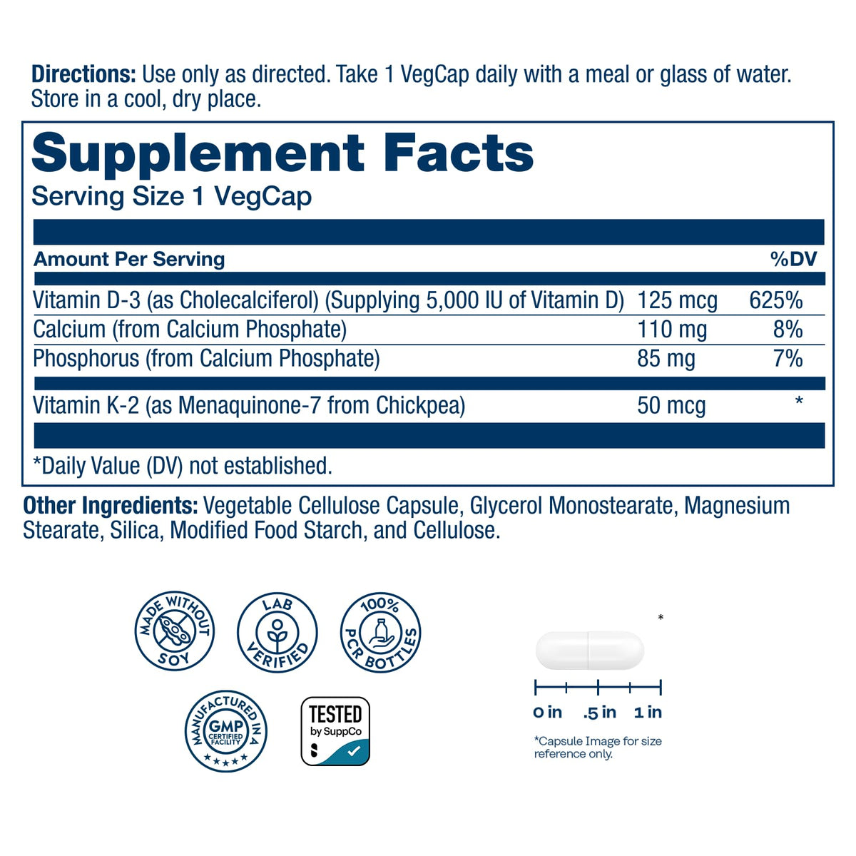 SOLARAY Vitamin D3 K2 - Bone Health and Immune Support Supplement - With 5000 IU Vitamin D as Vit D3 and 50 mcg Vitamin K2 as Menoquinone MK7, Made Without Soy
