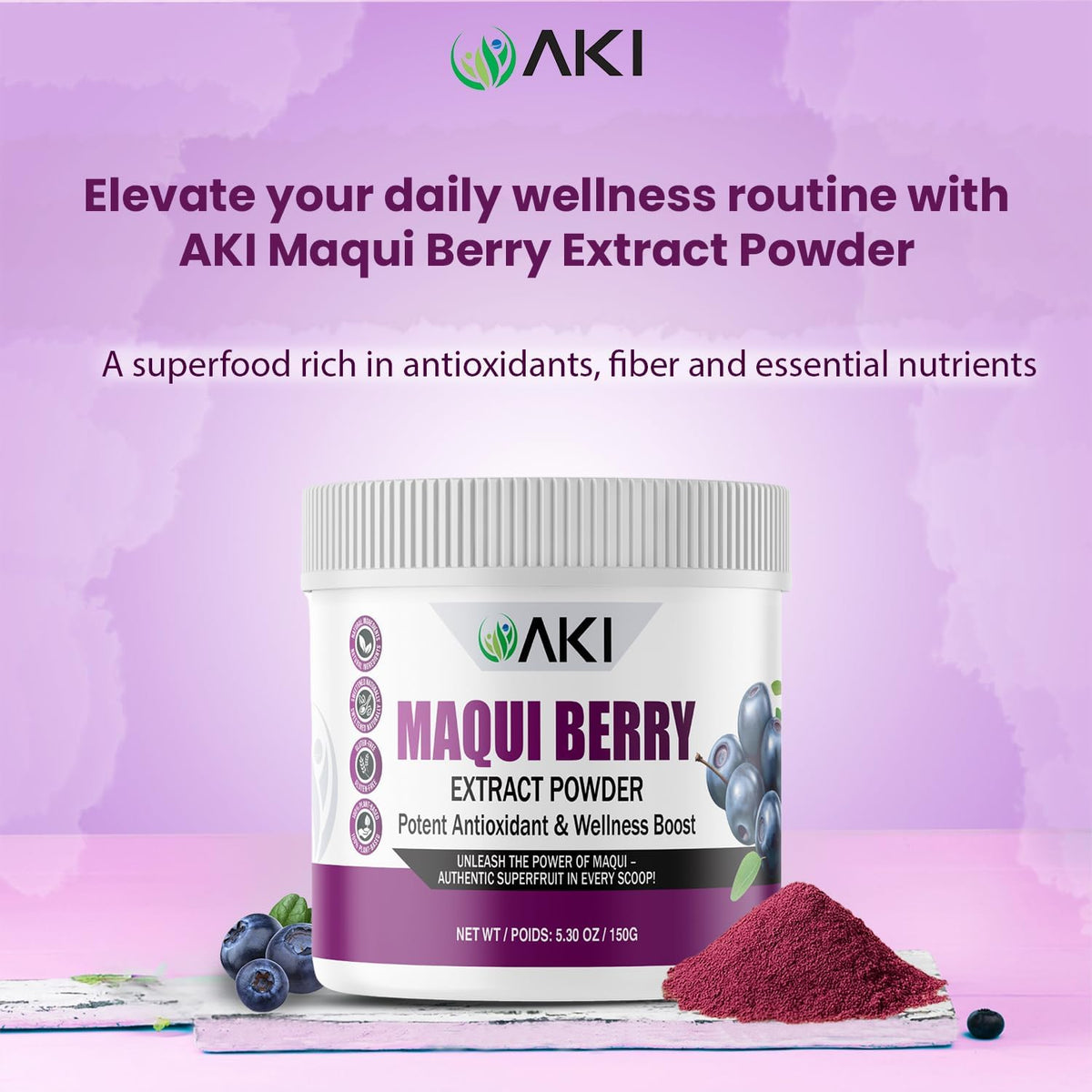 AKI Maqui Berry Extract Powder – Wild Harvested from Patagonia, High in Anthocyanins & Polyphenols, Freeze-Dried Superfruit for Smoothies, Non-GMO, Vegan, 150g/ 5.3 oz AKI ORGANIC buy supplements Au