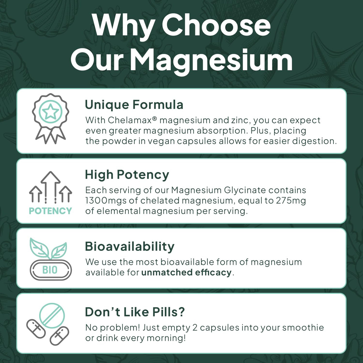 Organics Ocean Pure Magnesium Glycinate with Zinc - Maximum Strength Chelated Magnesium Supplement for Women and Men