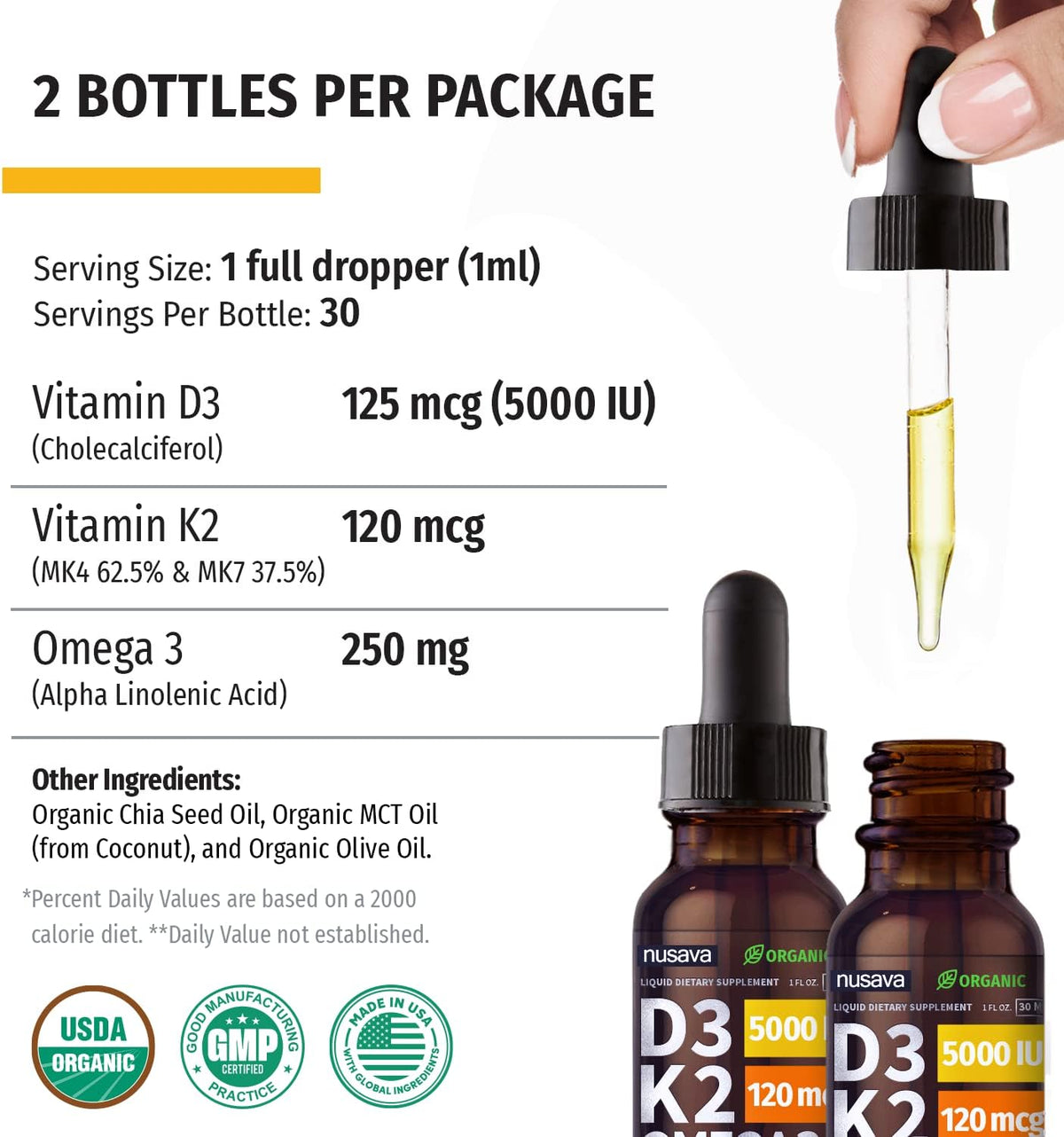 NUSAVA Unflavored D3 K2 Liquid Drops and Vanilla Flavored D3 K2 Liquid Drops Bundle - Potent Liquid Vitamins for Heart, Joint, Bone, Muscle, & Immune Support - Non-GMO, Gluten-Free, 2pk Each