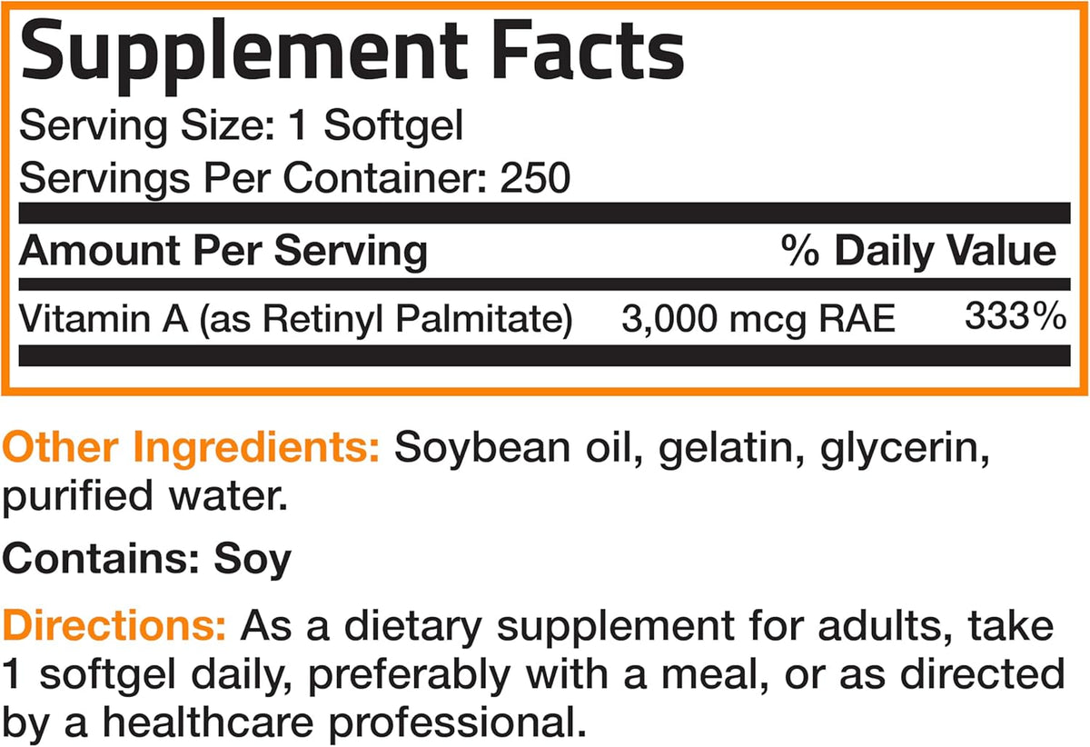 Bronson Vitamin A 10,000 IU Healthy Vision and Immune Support, 250 Softgels | Vitamin A Palmitate, Once-Daily Rapid Release, Skin, Growth & Reproduction Support, Non-GMO