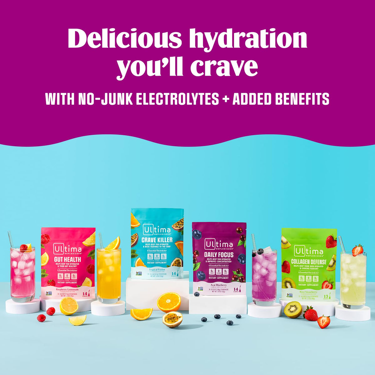 Ultima Replenisher Crave Killer Supplement and Electrolytes Powder – Tropical Fusion, 14 Stickpacks – Hydration Packets that Kick Cravings to The Curb