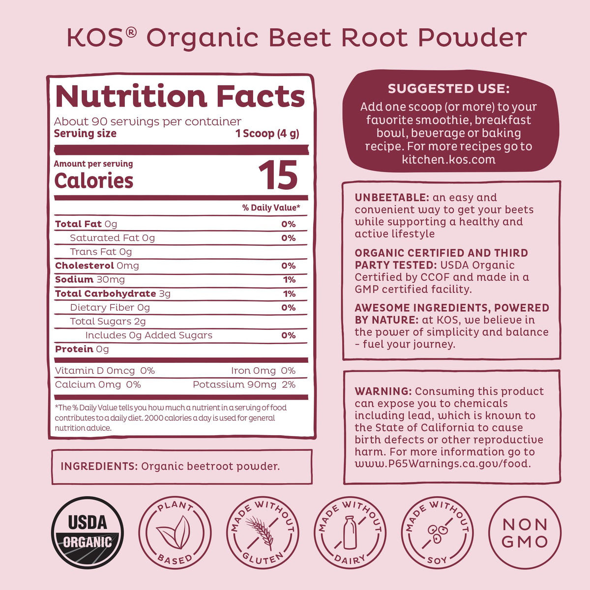KOS Organic Beet Root Powder, USDA Organic - Natural Nitric Oxide Booster, Superfood Plant Based Beetroot Antioxidant, Supports Active Lifestyle & Healthy Circulation, Soy & Gluten-Free - 90 Servings KOS buy supplements Au