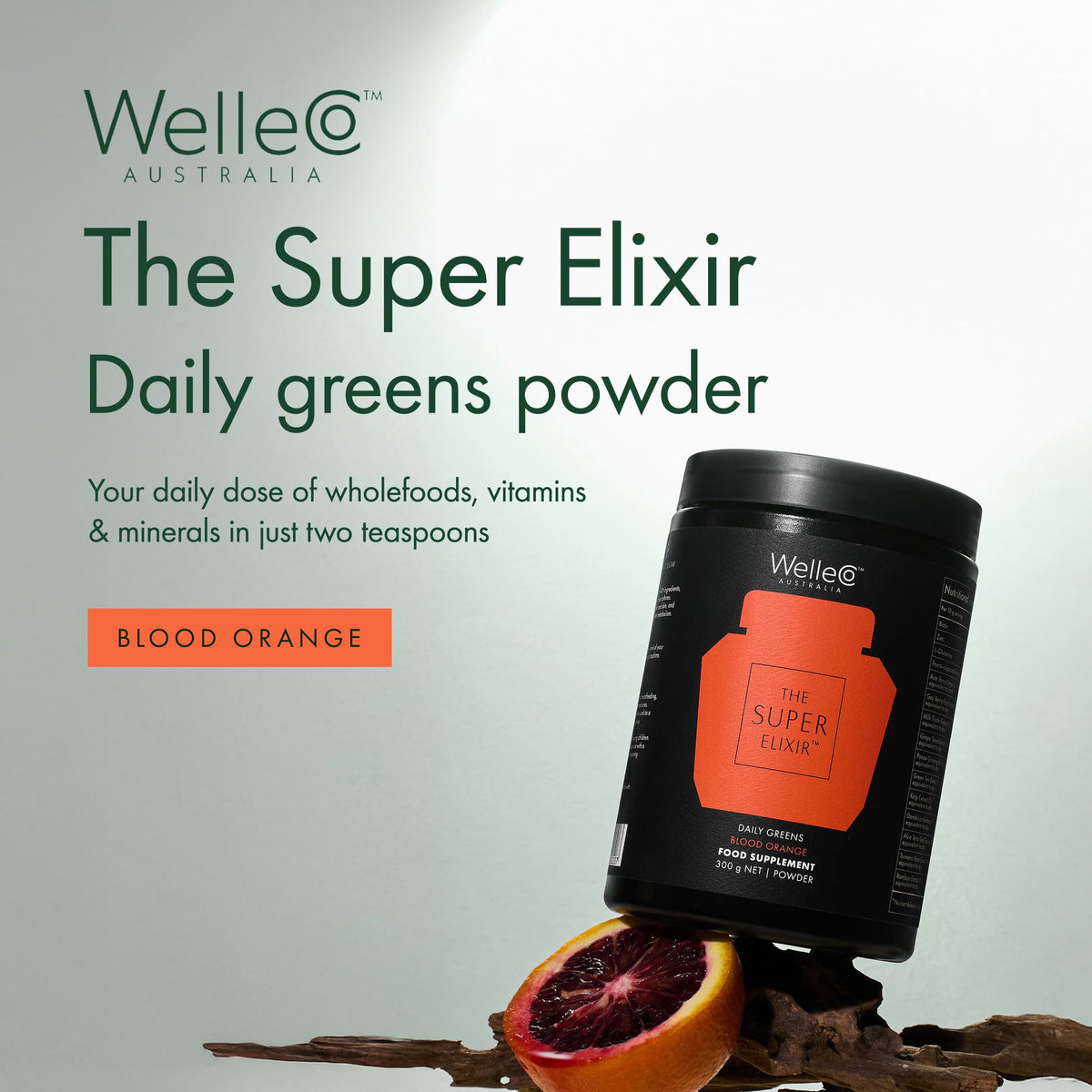 WelleCo The Super Elixir Daily Greens Powder, Probiotic Drink Mix with Whole Foods, Gluten Free, Vegan Gut Health Powder, Energy, Immunity, Healthy Skin, Hair & Nails (Jar, Blood Orange) WelleCo buy supplements Au