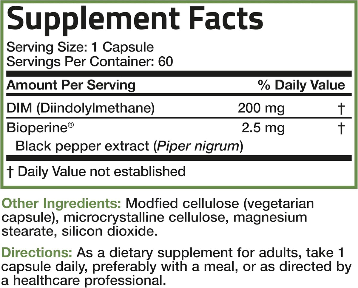 Bronson DIM 200 MG Supplement Diindolymethane with BioPerine for Enhanced Absorption, Estrogen Metabolism & Maintains Balanced Hormone Levels, 60 Vegetarian Capsules
