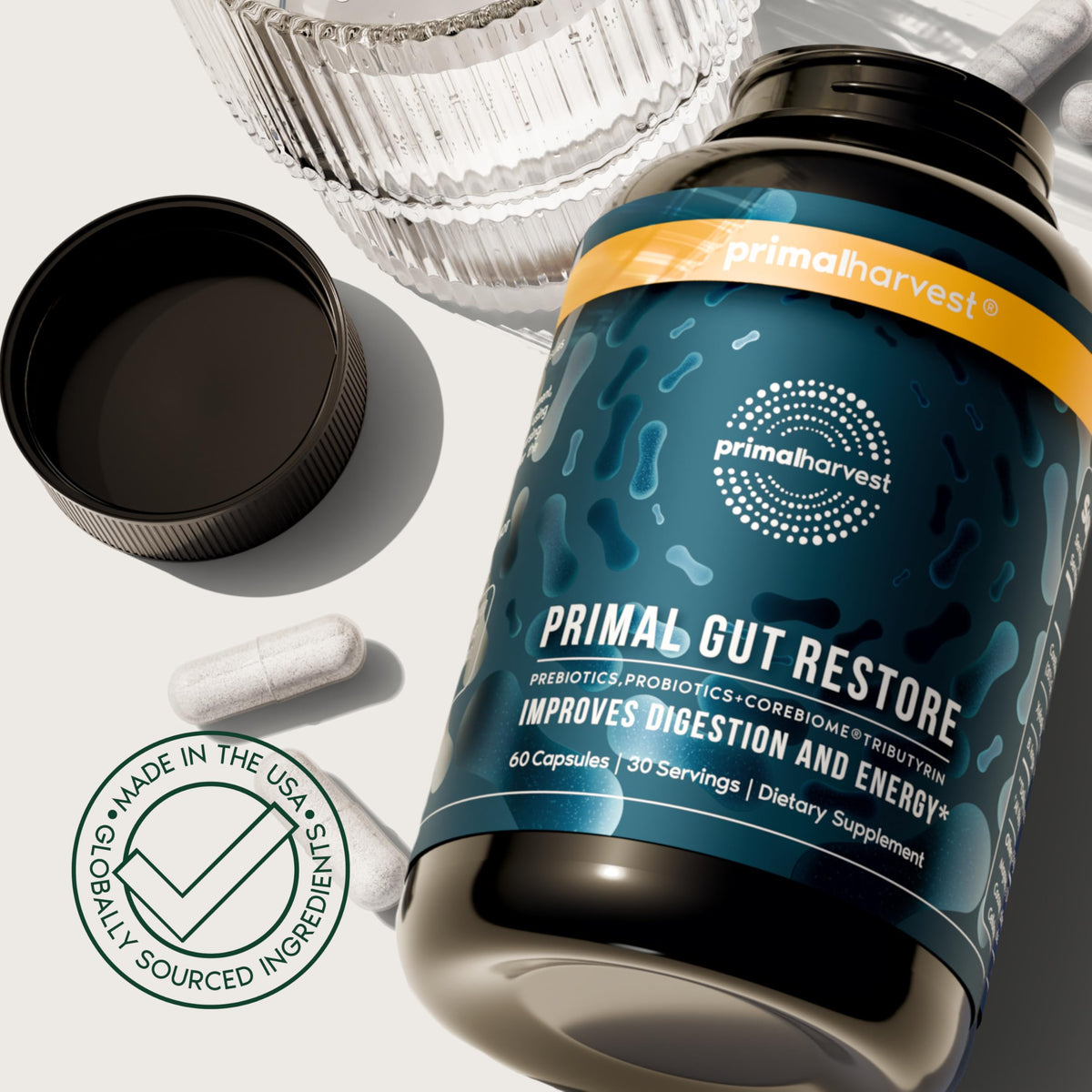 Primal Harvest Restore for Gut Health, Primal Gut Restore w/POSTbiotics, PREbiotics and PRObiotics for Women and Men, 60 CT - Digestion, Colon Cleanse,