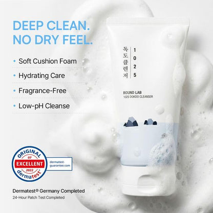 ROUND LAB 1025 Dokdo Cleanser 5.07 Fl Oz, Low pH Facial Cleanser for Sensitive Skin, Rich Soft Bubbles for Deep Cleansing and Makeup Removal