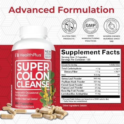 Health Plus Super Colon Cleanse Detox Capsules, 60 Day Supply, 240 Ct | Capsules with senna and psyllium husk, 120 servings; may support occasional constipation relief and gentle gut cleansing