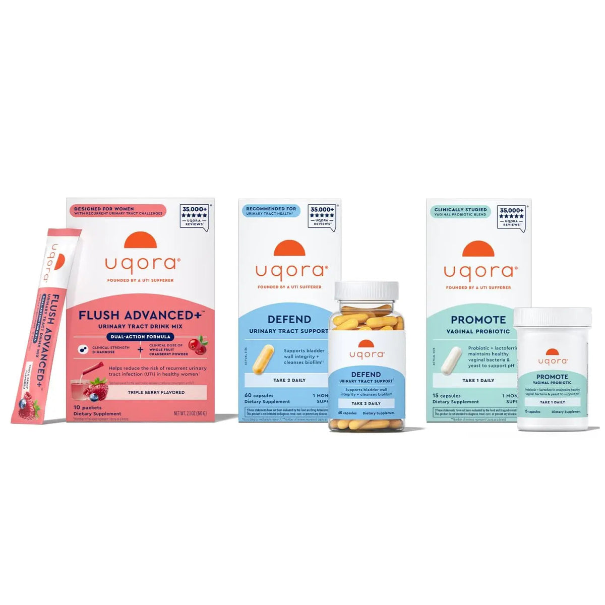 Uqora Flush Advanced+ Regimen with Flush Advanced+ - Cranberry to Reduce Risk of Recurrent UTI** - Defend & Promote - D-Mannose, Vitamin C, Green Tea Extract & Probiotics - 3-Part Bundle UqoraBuy Supplements Australia