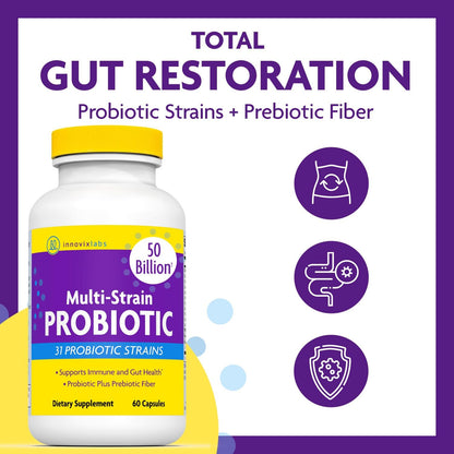 InnovixLabs Multi Strain Probiotics for Women & Men, 50 Billion CFU, 31 Probiotic Strains + Prebiotic Fiber, Helps Supports Immune & Gut Health, Non-GMO Probiotics for Digestive Health, 60-Day Supply