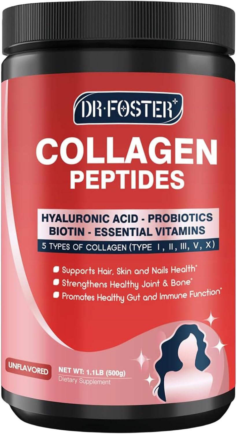 DRFOSTER Multi Collagen Peptide Powder with Probiotics, 50 Servings | Hydrolyzed Collagen Peptides with Hyaluronic Acid, Biotin & Multivitamins, Supports Skin Hair Nail & Gut