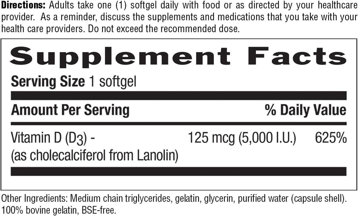 Country Life Vitamin D3 125 mcg 5000 IU, Gluten-Free, 200 Softgels