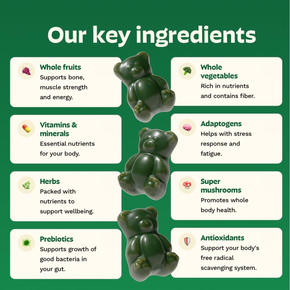 Gruns Adult Super Greens Multivitamin Gummies, Superfood Gummy Vitamins for Women and Men with Spirulina, Chlorella, Adaptogens & Prebiotic Fiber for Digestive Health (28 Count) Grüns buy supplements Au