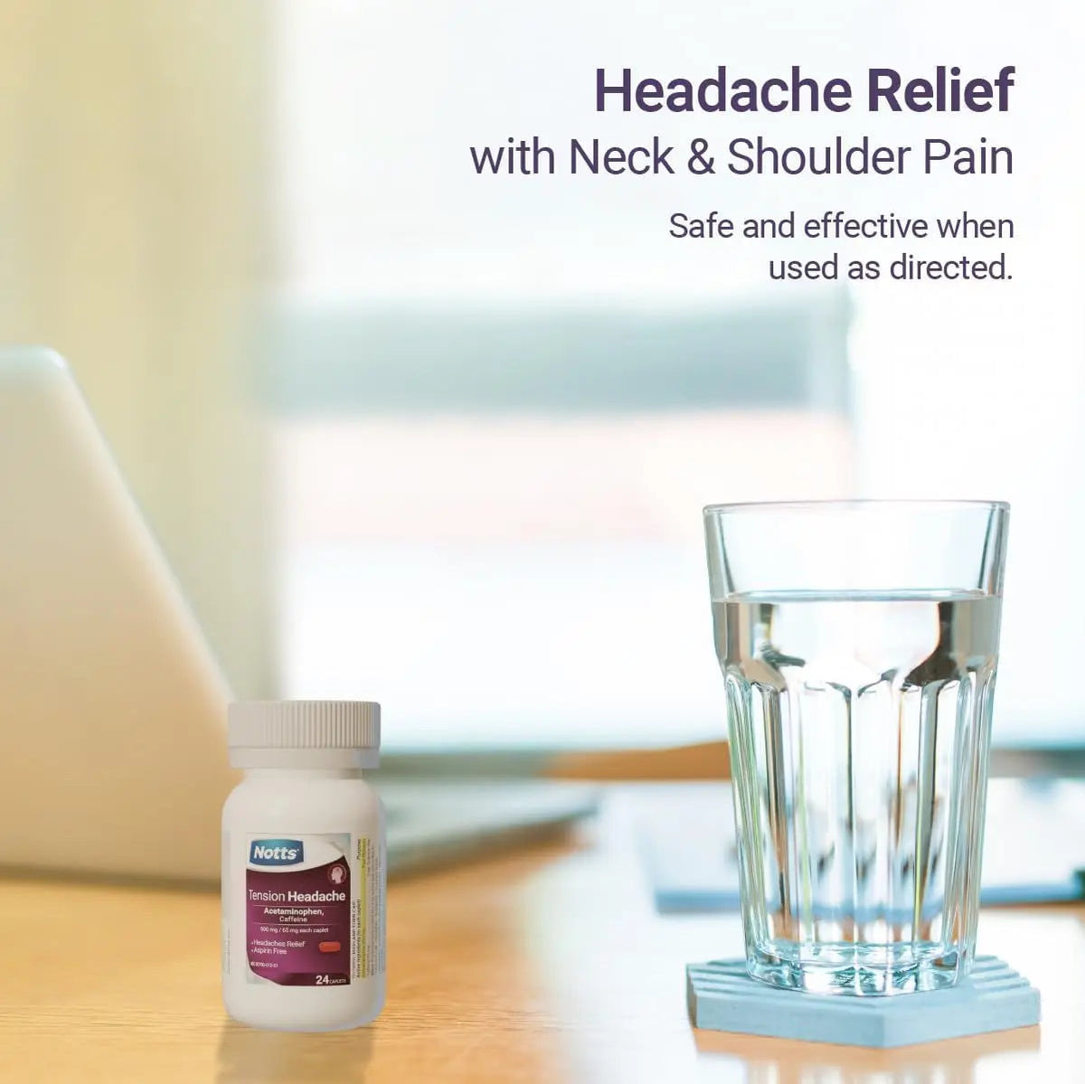 NOTTS Tension Headache Relief Without Aspirin for Head, Neck & Shoulder Pain - 100 Count, Acetaminophen 500 mg Caffeine 65 mg Caplets, for Aches Caused by Tension and Stress. Headache Relief caplets NOTTSBuy Supplements Australia