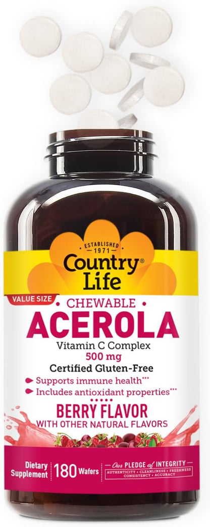 Country Life Acerola Vitamin C Complex 500 mg Chewable Wafers, 180 Count