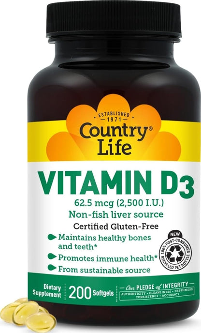 Country Life Vitamin D3 2500 IU, Non-Fish Source, 200 Softgels