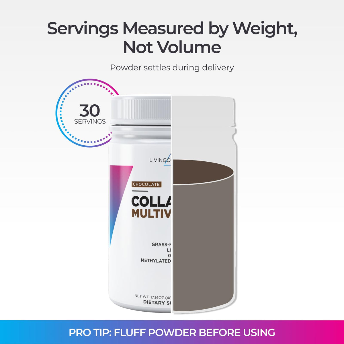 Livingood Daily Collagen Powder for Women and Men, Vanilla, Grass Fed Protein, Hydrolyzed Collagen Peptides with Vitamin C & Multi Vitamins for Hair, Skin, Nail & Gut Health, Gluten Free, 30 Servings