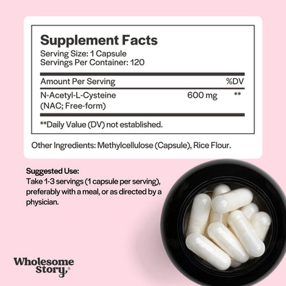 Wholesome Story NAC Supplement N Acetyl Cysteine 600 mg | Liver, Lung & Fertility Support | 120 Capsules | 120 Serving Supply