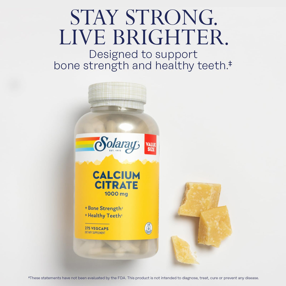Solaray Calcium Citrate 1000mg - Chelated Calcium Supplement - Supports Bone Strength and Healthy Teeth - Easy to Digest - Vegan - 68 Servings, 275 VegCaps