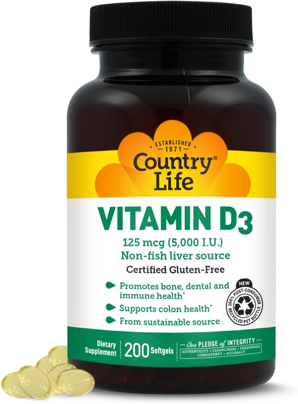 Country Life Vitamin D3 125 mcg 5000 IU, Gluten-Free, 200 Softgels