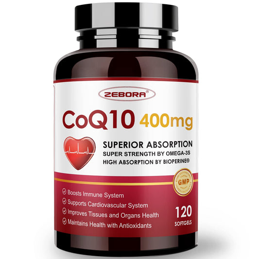 ZEBORA CoQ10-400mg-Softgels with PQQ, BioPerine & Omega-3, Coenzyme Q10(Ubiquinone) Supplement for High-Absorption, Powerful-Antioxidant