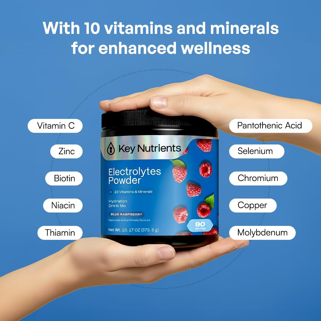 KEY NUTRIENTS Electrolytes Powder Bundle, Fresh Pink Lemonade 90 Servings Jar + Sweet Blue Raspberry 90 Servings Jar, Sugar Free Hydration Drink Mix with Vitamins & Minerals, No Calories