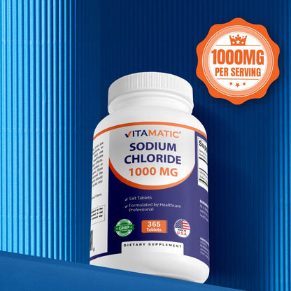 Vitamatic Sodium Chloride 1000mg – 365 Tablets Electrolyte Replenisher & Hydration Support – Non-GMO, Gluten-Free