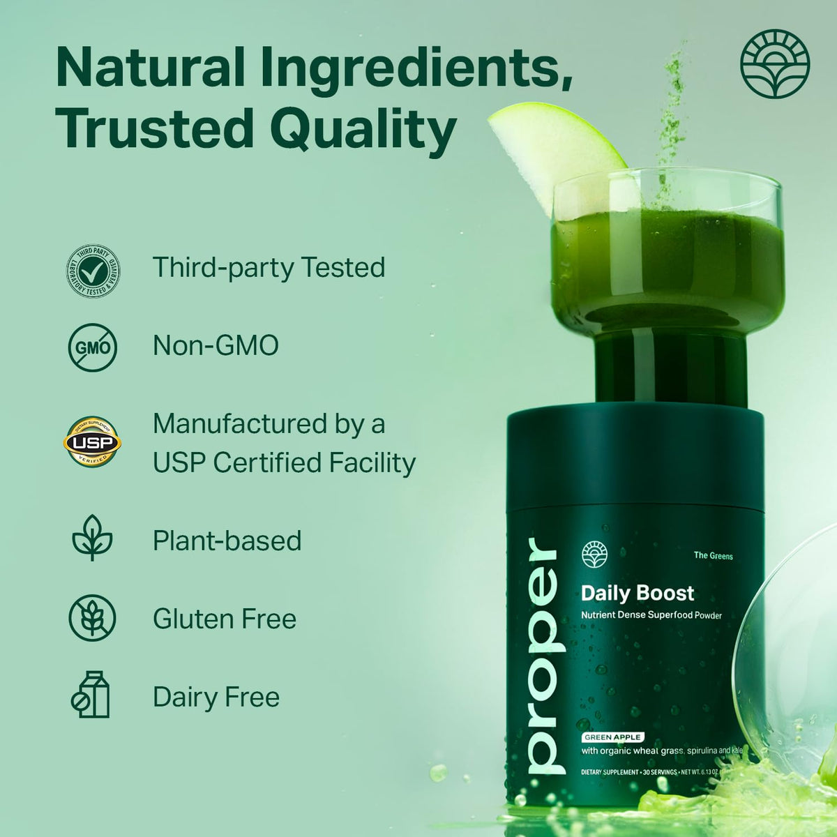 Proper, The Greens Daily Boost Organic Greens Powder. Whole Food, Apple Flavour Veggie Powder Superfood with Wheatgrass, Spirulina, Chlorella, Probiotics.