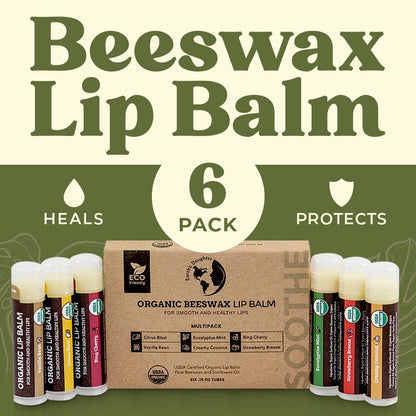 Earth's Daughter USDA Organic Lip Balm 6-Pack - Fruit Flavors, Beeswax, Coconut Oil, Vitamin E - Best Lip Repair