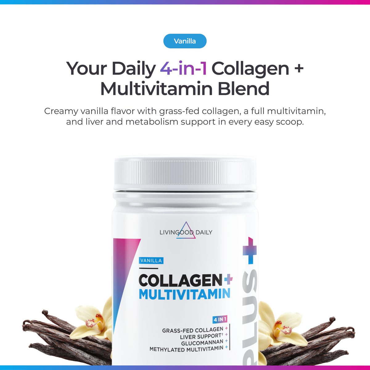 Livingood Daily Collagen Powder for Women and Men, Vanilla, Grass Fed Protein, Hydrolyzed Collagen Peptides with Vitamin C & Multi Vitamins for Hair, Skin, Nail & Gut Health, Gluten Free, 30 Servings