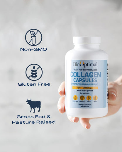 BioOptimal Collagen Peptides Capsules - Grass-Fed, Pasture-Raised Hydrolyzed Protein S]n-GMO, Zero Sugar Daily Pills for Men & Women (180 Capsules)