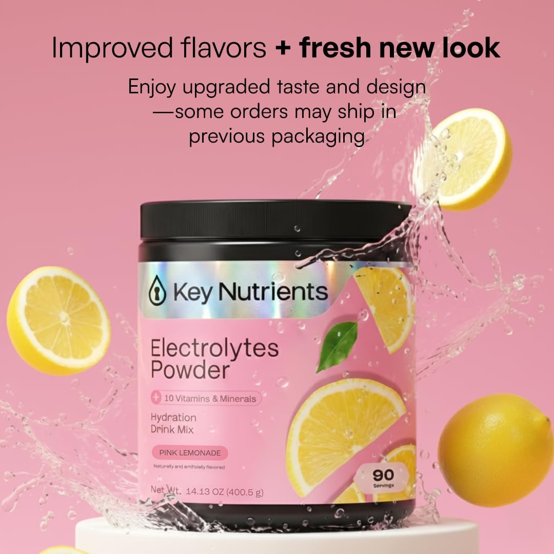 KEY NUTRIENTS Electrolytes Powder Bundle, Fresh Pink Lemonade 90 Servings Jar + Sweet Blue Raspberry 90 Servings Jar, Sugar Free Hydration Drink Mix with Vitamins & Minerals, No Calories