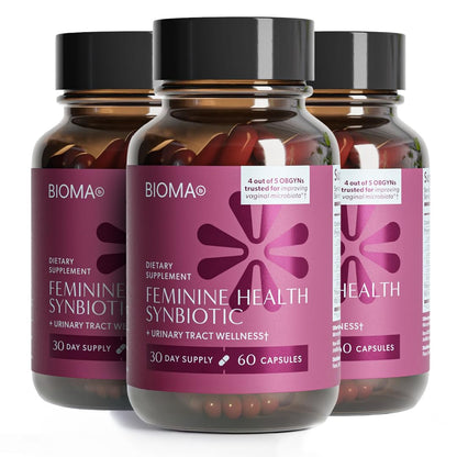 BIOMA Feminine Health Synbiotic - Women's Health Supplement for Healthy Vaginal pH, Urinary Tract & Digestive Support - with Probiotics, Cranberry & Tributyrin - 180 Capsules (3 Pack, 90-Day Supply)