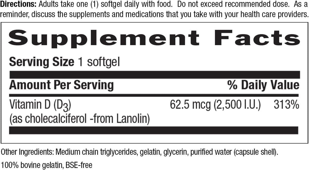 Country Life Vitamin D3 2500 IU, Non-Fish Source, 200 Softgels