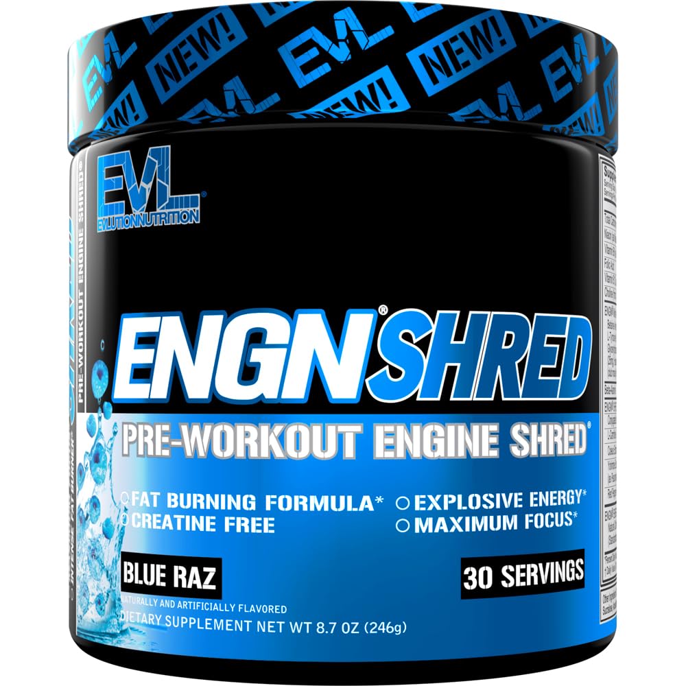 EVL Ultimate Pre Workout Powder - Thermogenic Fat Burner Preworkout Powder Drink for Lasting Energy Focus and Stamina - ENGN Shred Intense Fat Burning Creatine Free Preworkout Drink - Cherry Limeade