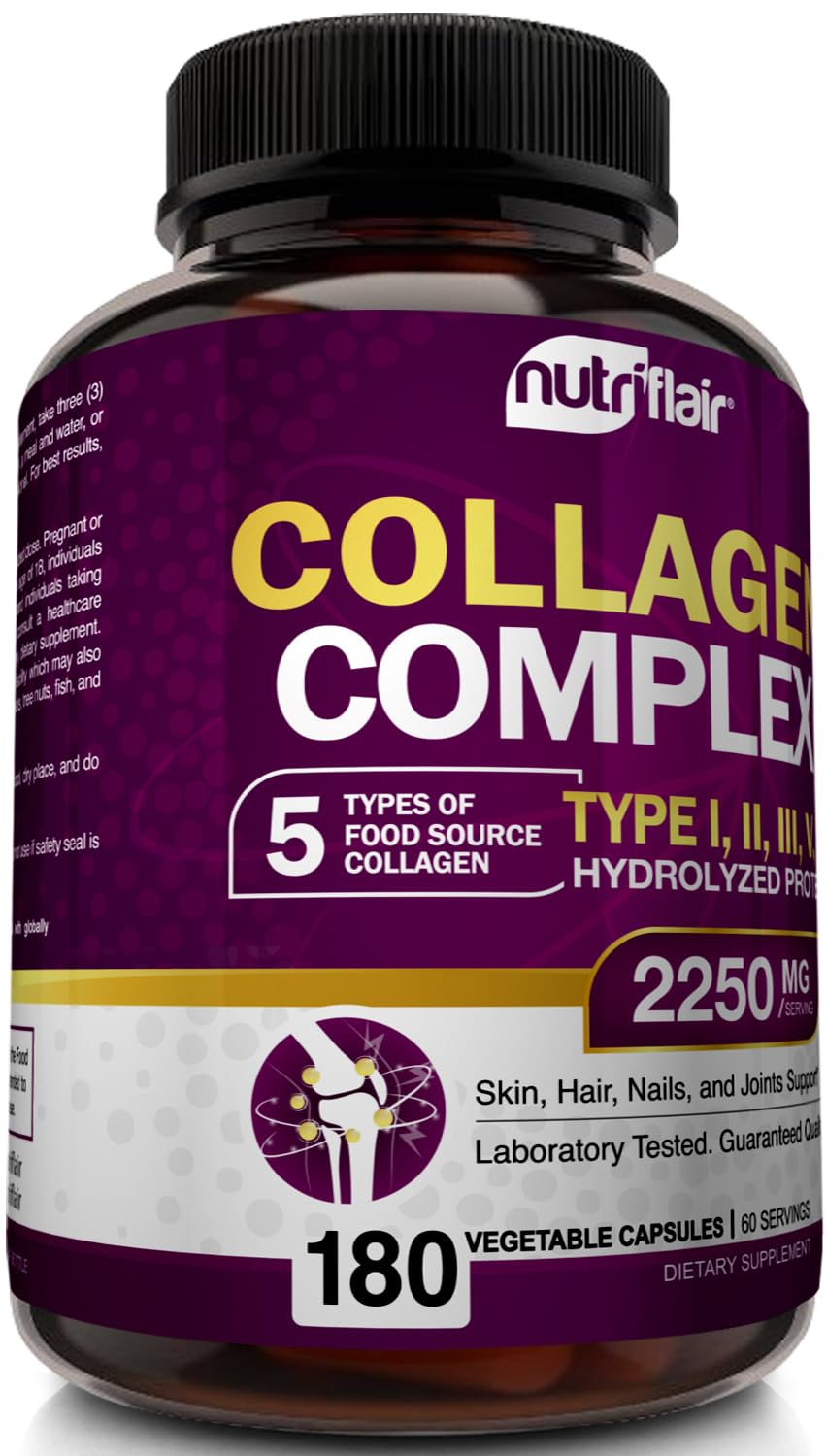 NutriFlair Multi Collagen Peptides 2250mg - Type I, II, III, V, X - Collagen Supplements Complex Powder Pills for Women and Men - Hydrolyzed Protein, Healthy Hair, Skin, Nails - Non-GMO (180 Capsules) NutriFlair buy supplements Au