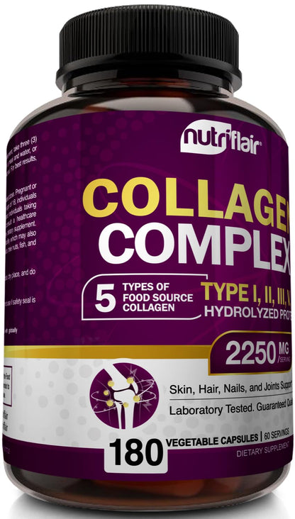 NutriFlair Multi Collagen Peptides 2250mg - Type I, II, III, V, X - Collagen Supplements Complex Powder Pills for Women and Men - Hydrolyzed Protein, Healthy Hair, Skin, Nails - Non-GMO (180 Capsules) NutriFlair buy supplements Au