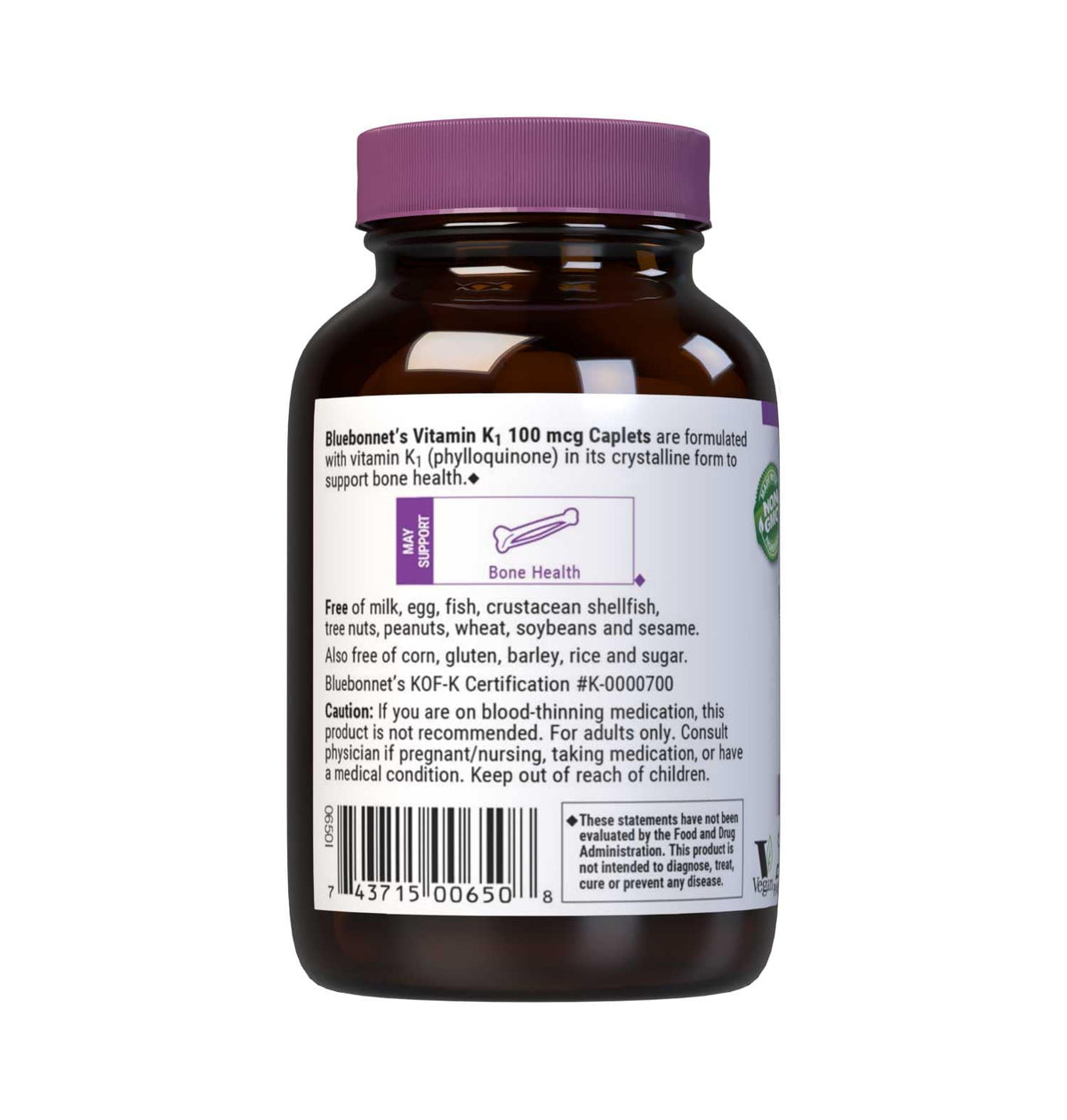 Bluebonnet Vitamin K1 100 mcg Supports Bone Health - Phylloquinone Crystalline Vitamin K Supplement - Non-GMO, Kosher Certified, Gluten-Free, Dairy-Free - 100 Vegan Caplets