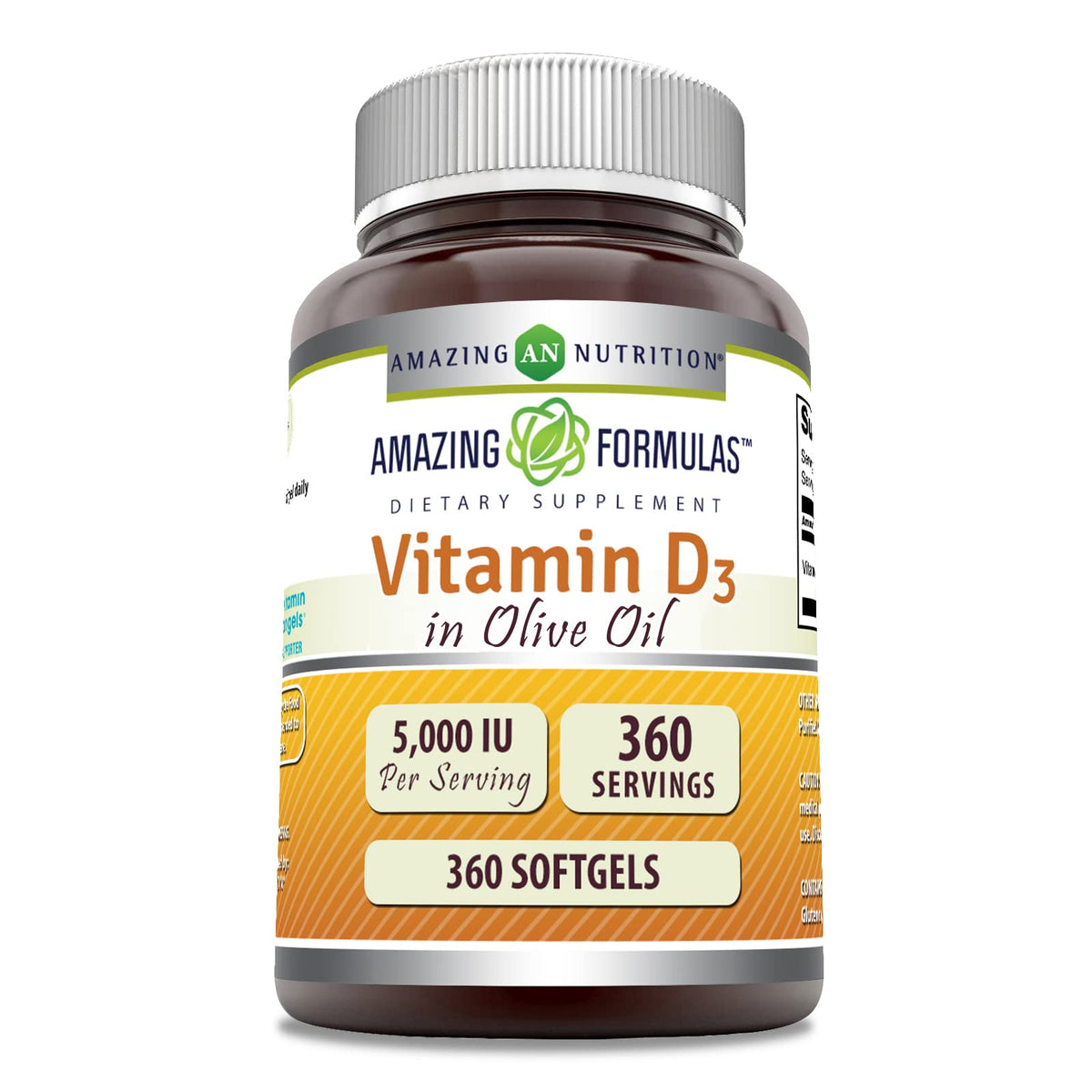 Amazing Formulas Vitamin D3 in Olive Oil 5000 IU Supplement | Softgels | Non-GMO | Gluten-Free | Made in USA (1 Pack | 360 Count)