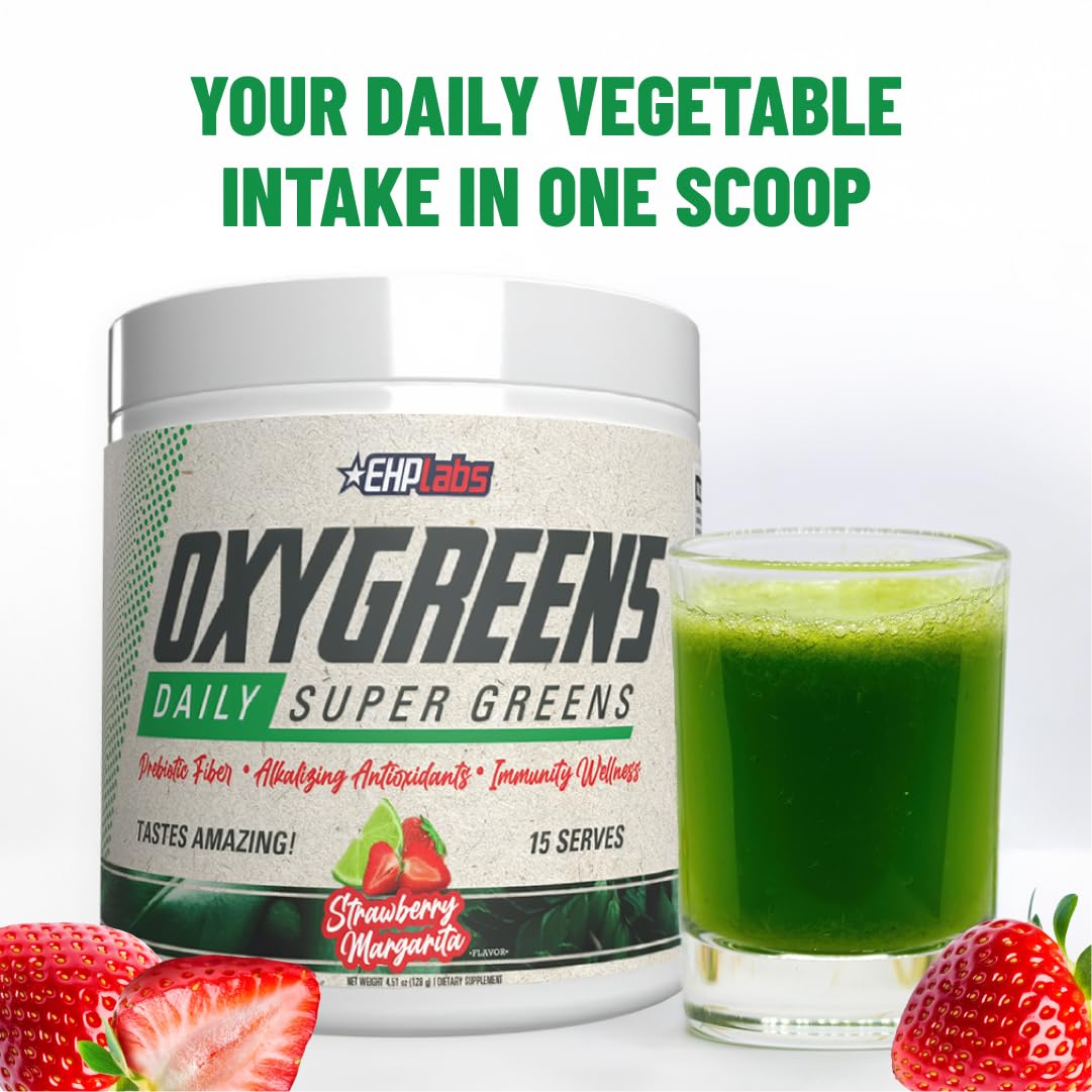 EHP Labs OxyGreens Super Greens Powder with Spirulina & Chlorella, Prebiotic Fiber, Probiotics & Digestive Enzymes – Antioxidant Green Superfood Supplement - 15 Serves (Pineapple)