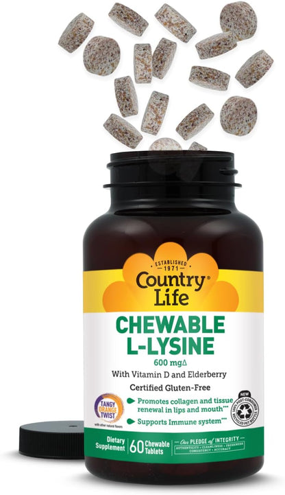 Country Life Chewable L-Lysine 600 mg with Vitamin D, 60 Tablets