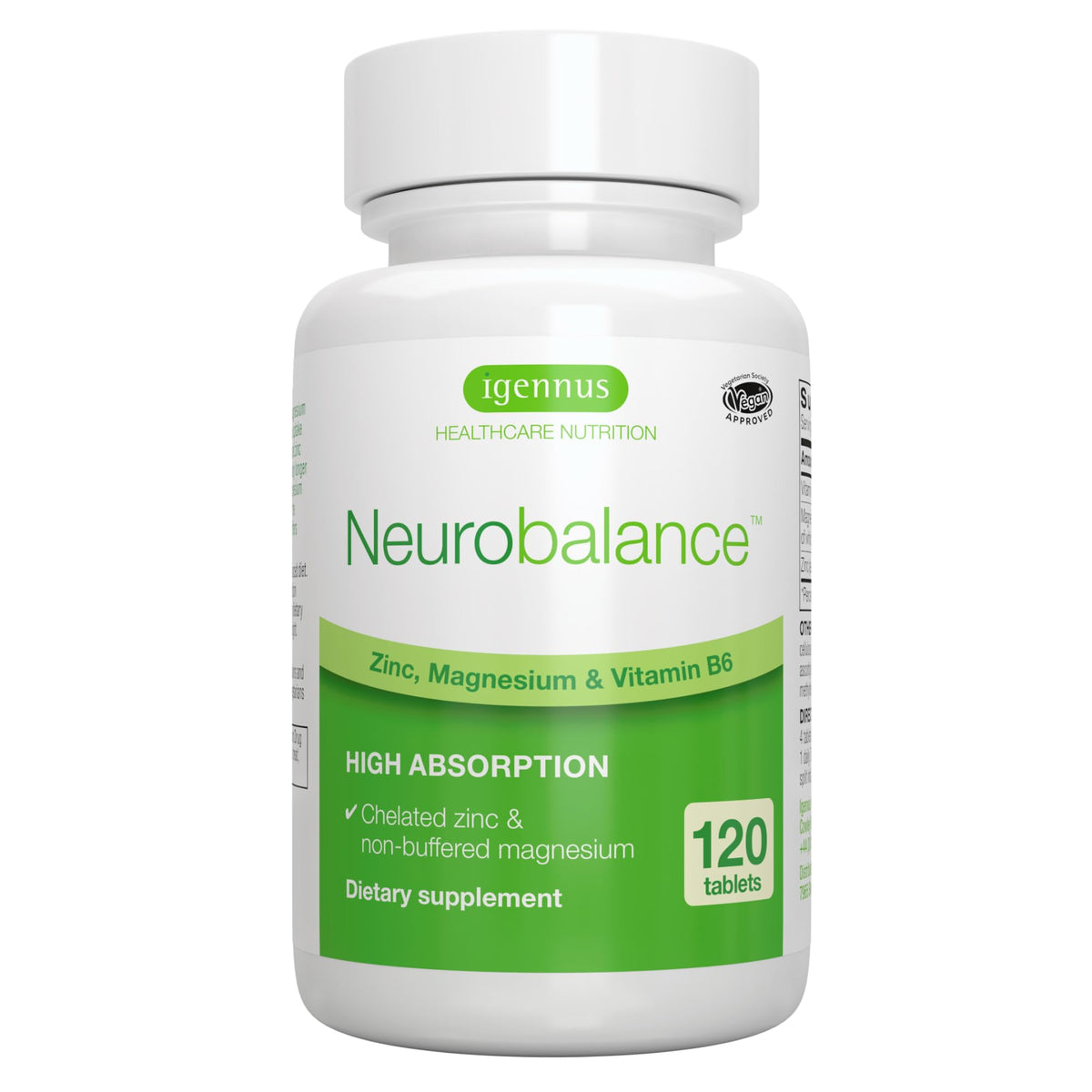 Igennus Neurobalance High Absorption Zinc Magnesium & B6 Complex | Cognitive Support, Calm Focus & Relaxation, Chelated Zinc & Fully Reacted Magnesium, Vegan, Non-GMO, 120 Small Tablets