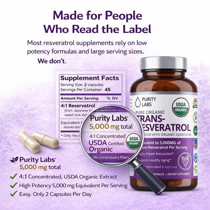 Purity Labs Trans-Resveratrol Supplement 5,000 mg Equivalent per Serving with Quercetin, USDA Organic High Potency Antioxidant,