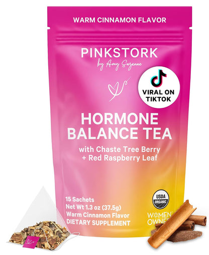 Pink Stork Organic Hormone Balance Tea for Women, Cinnamon, 30 Servings | Red Raspberry Leaf & Chasteberry (Vitex), Organic Herbal Tea, PMS, Menstrual Cycle + Perimenopause Support