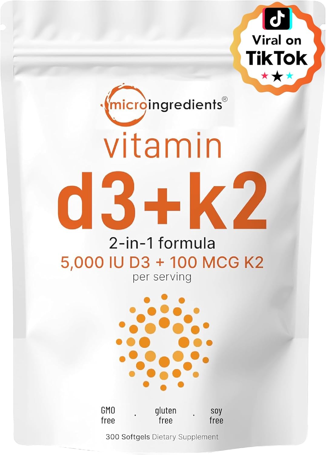 Micro Ingredients Vitamin D3 + K2 MK-7 5,000 IU Per Serving, 300 Softgels | K2 100 mcg Per Serving, D3 & K2 Vitamin Supplement for Women & Men. Easy-to-Swallow, Non-GMO, Gluten Free.