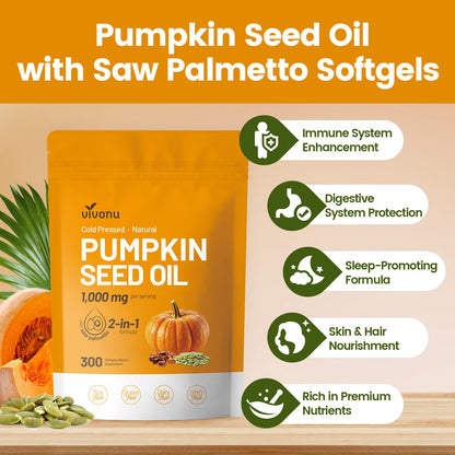 VivoNu Pumpkin Seed Oil with Saw Palmetto Capsules,3800mg 300 Softgels | Cold Pressed,Pure Virgin Oil,Essential Fatty Acids&Phytosterols | Supports Hair,Urinary,Bladder&Prostate Health|Non-GMO