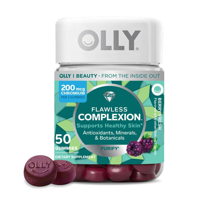 OLLY Flawless Complexion Gummy, Clear and Healthy Skin Support, Vitamins E, A, Zinc, Chewable Supplement, Berry - 50 Count (Pack of 1) OLLY
